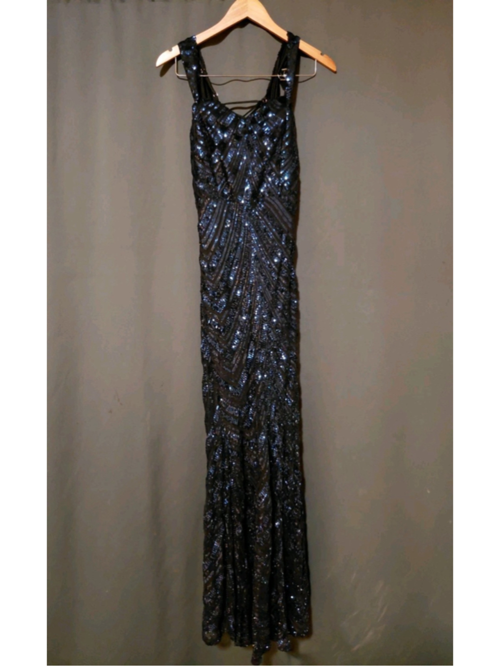 Windsor Blue Black Sequins Mermaid Geometric Lace Up Open Back Prom Dress Gown L - Picture 8 of 11